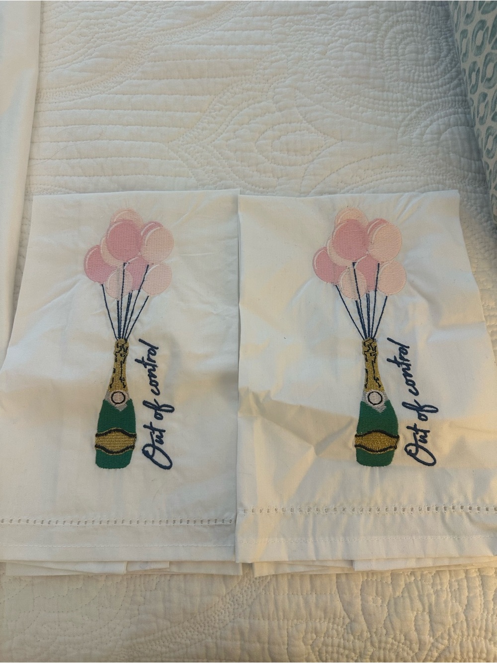 White Teas Towels with Pink Balloon & Green Champagne Bottle Embroidery